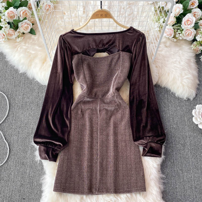 Robe vintage française en patchwork de velours à col rond 3395