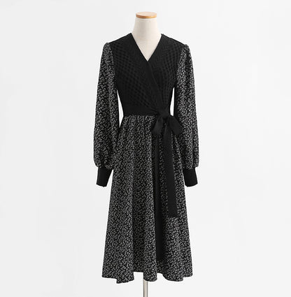 Long sleeved floral wool dress, thin and bottomed skirt  2215
