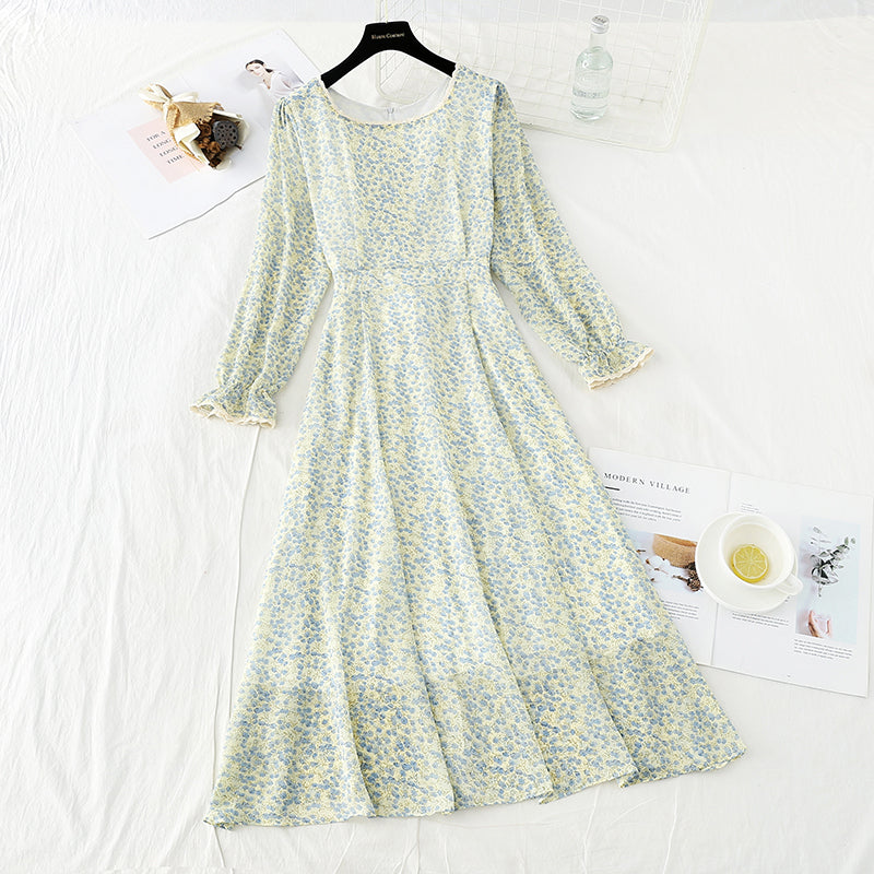 Small fresh long sleeve square neck thin Floral Chiffon Dress  2419