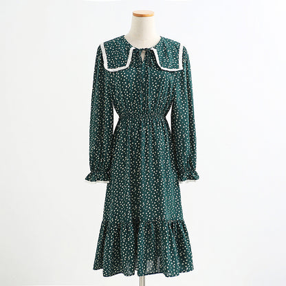 Slim baby collar coffee floral dress lace up dress  2321
