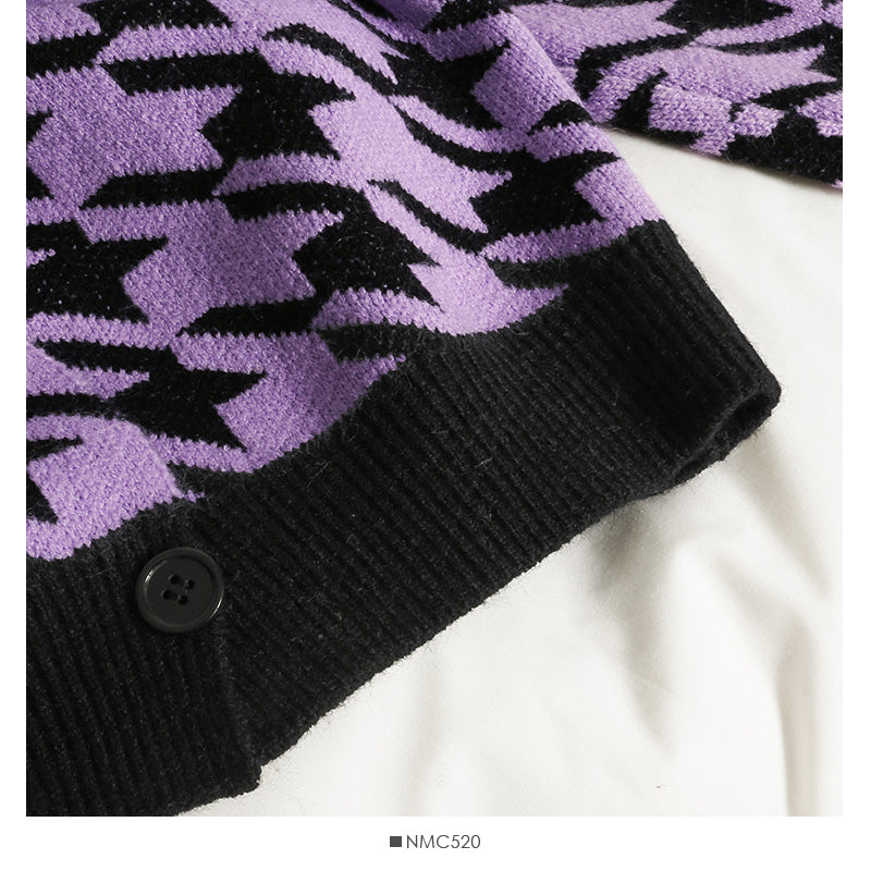 Pull cardigan à col en V à carreaux mille oiseaux violet taro assorti 2032