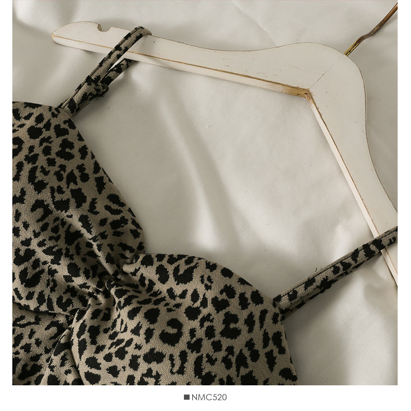 Retro leopard short pleated slim suspender skirt  2697