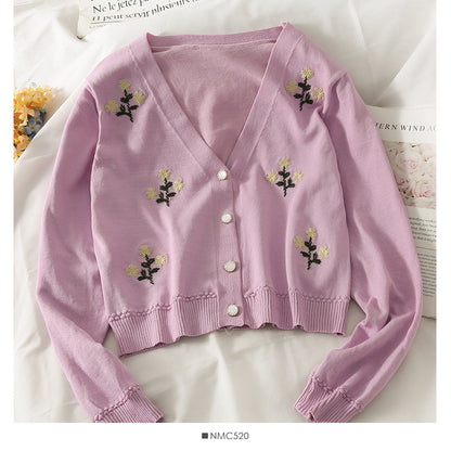 Cardigan court brodé vintage pull à manches longues à simple boutonnage 1811