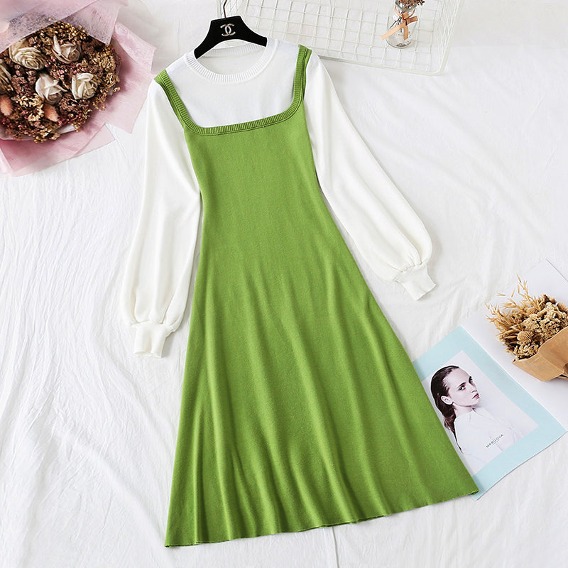 New French retro color matching college slim bottomed sweater long skirt  2424