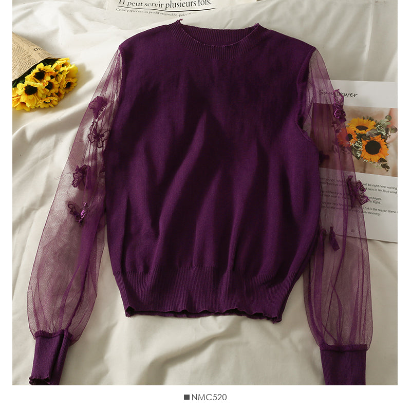 Pull à manches longues en maille cousue en trois dimensions avec motif papillon pour femme 2049