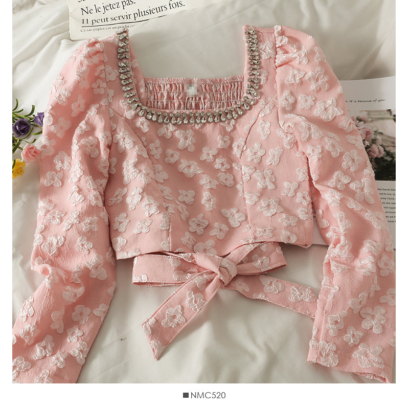 Bow tie long sleeved blouse embossed high waist skirt  2684