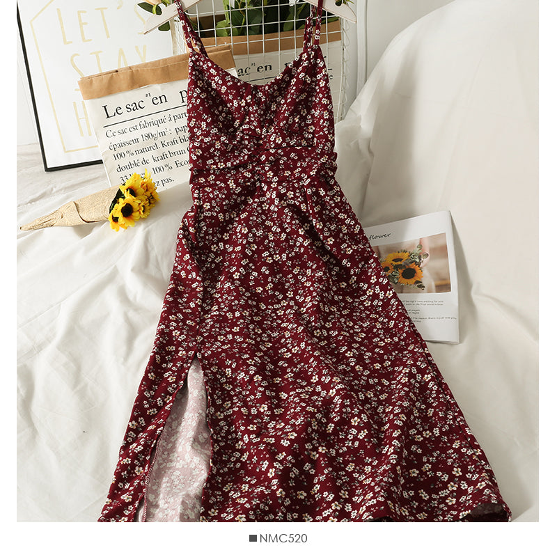 Sweet little fresh broken flower high waist medium length beautiful back suspender skirt  2695