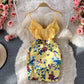 Robe portefeuille courte à imprimé à taille ouverte et col en V, avec coutures sur les hanches, 2833