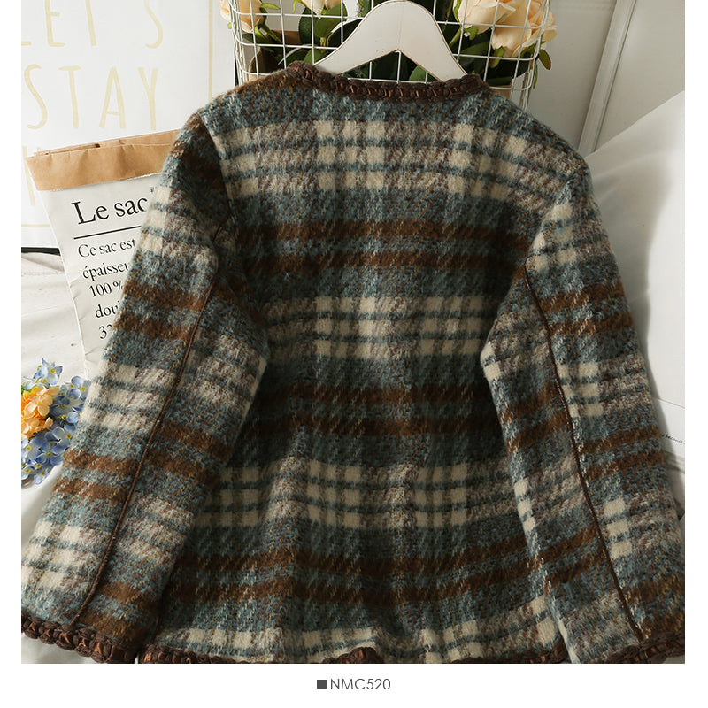 Hong Kong Style Vintage Plaid single breasted cardigan woolen jacket female  2124
