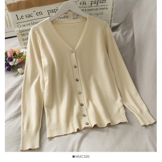 Cardigan à simple boutonnage et col en V, chemisier à manches longues et bas pour femme 1794