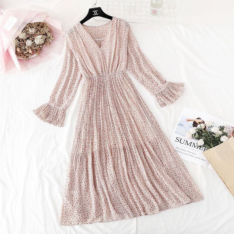 Small fresh pleated French retro long skirt Kikyo skirt  2383