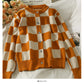 Pull ample à manches longues et col ras du cou à carreaux contrastés pour femme, nouveau pull cardigan à simple boutonnage 1967