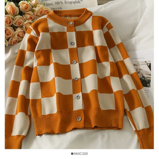 Pull ample à manches longues et col ras du cou à carreaux contrastés pour femme, nouveau pull cardigan à simple boutonnage 1967