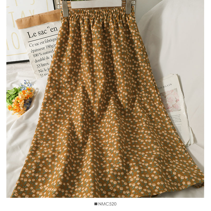 Hong Kong Vintage printed elastic waist thin over knee A-line skirt  2623