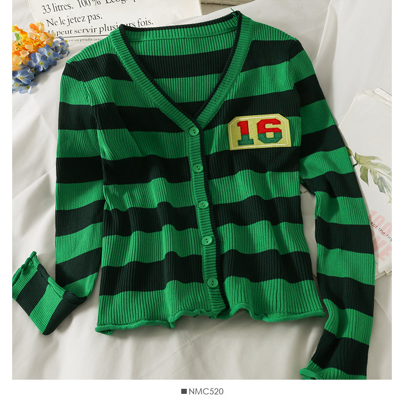 Cardigan rayé à simple boutonnage, pull à manches longues pour femme 2061