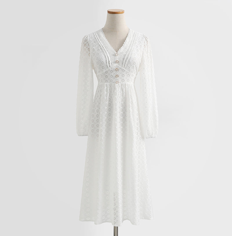 Dress long sleeved fairy lace skirt with thin waist, retro white first love skirt  2337