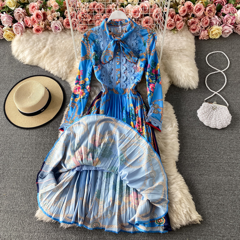 Robe plissée à imprimé nœud de style étranger de tempérament de célébrité 3167
