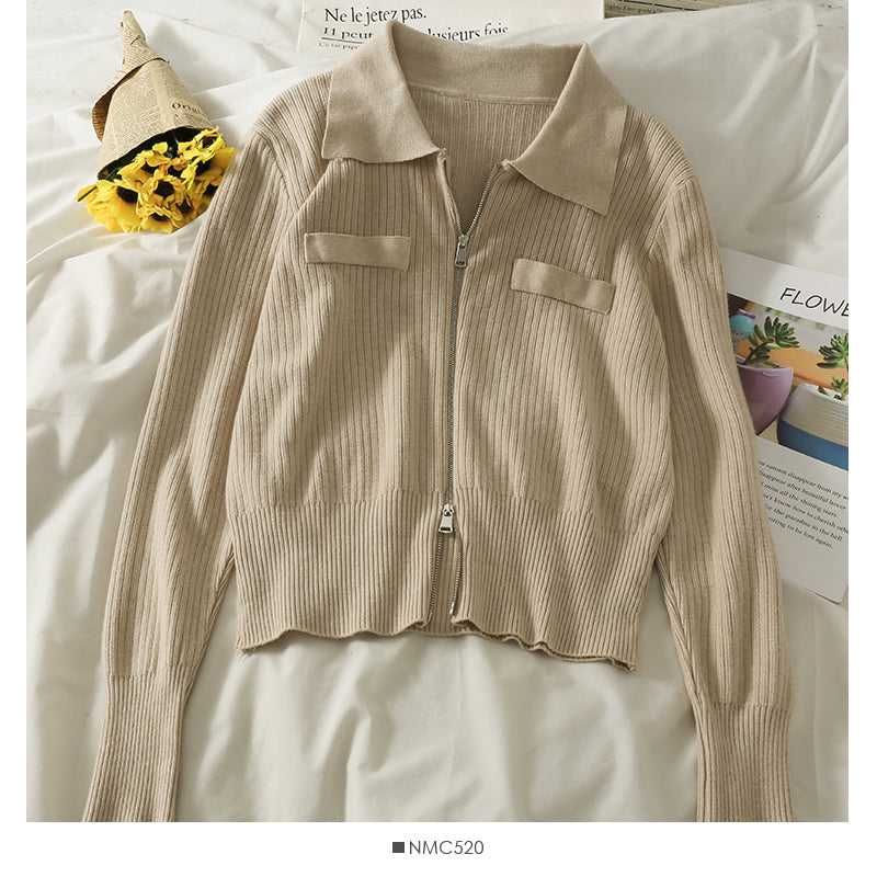 Cardigan zippé à revers et manches longues à rayures verticales 1830