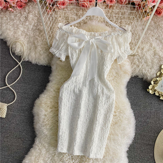 Retro sweet waist closed thin off shoulder backless dress  2889