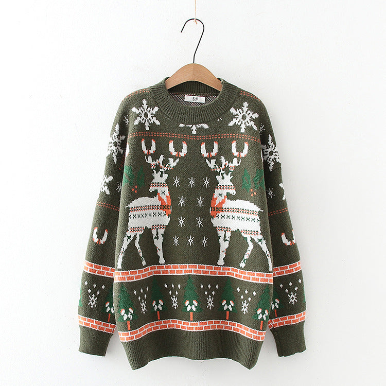 Pull jacquard en tricot de cerf flocon de neige de Noël, pull ample à col rond automne/hiver, pull 1415