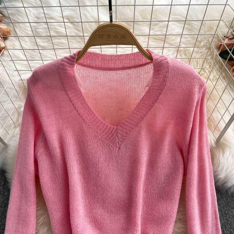 Pull slim taille haute à col en V uni pour femme 1609