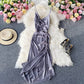 Waist drawcord Pleated Satin suspender dress  2791