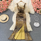 Leopard pleated waist slim split buttock dress  2757