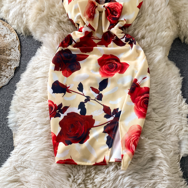 Backless printed suspender dress  2760