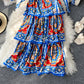 Robe à bretelles à imprimé jupe à gâteau bleu et blanc 2848
