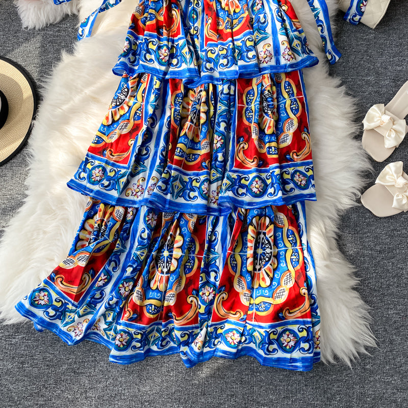 Robe à bretelles à imprimé jupe à gâteau bleu et blanc 2848