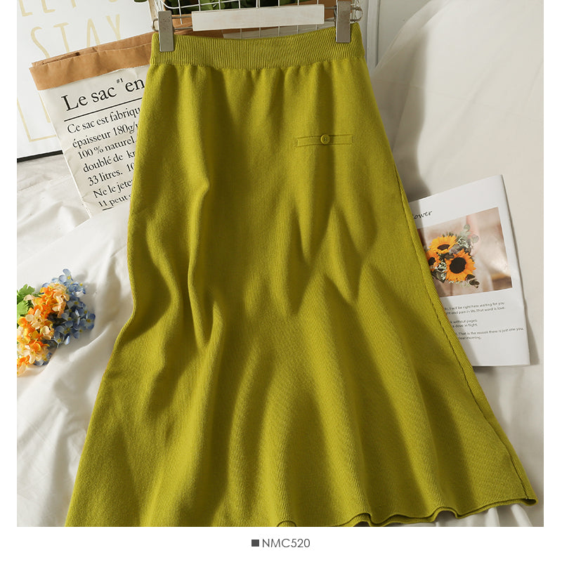 Hong Kong style retro elastic waist thin medium length skirt  2606