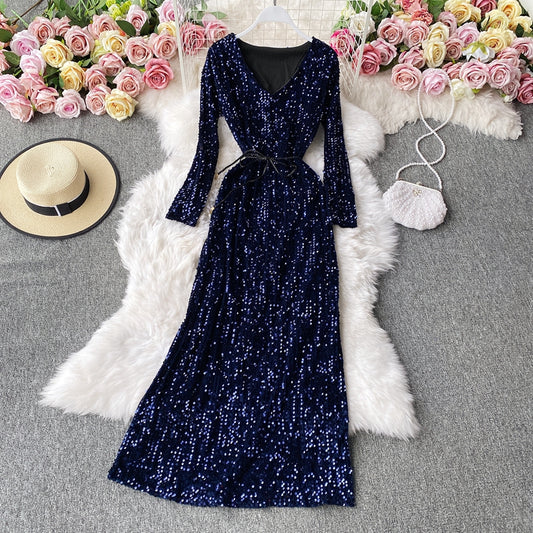 Robe à sequins à col en V et manches longues avec fermeture à la taille pour femme, jupe longue de tempérament 3139