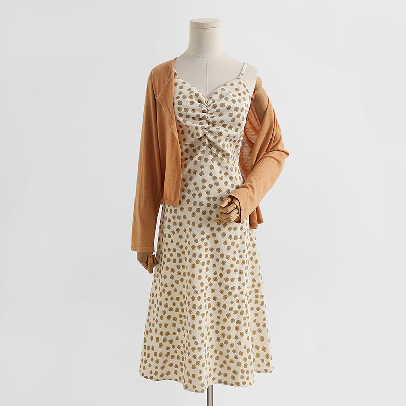 Corduroy dress floral suspender skirt foreign style two-piece temperament long skirt  2151