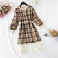 New French Vintage Plaid long sleeve waist closing slim skirt  2293