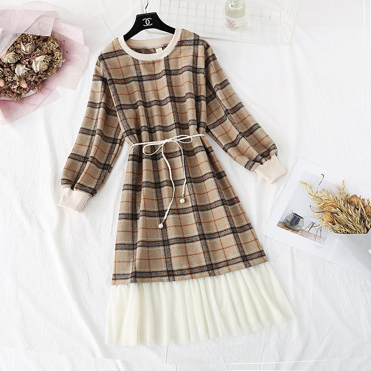 New French Vintage Plaid long sleeve waist closing slim skirt  2293