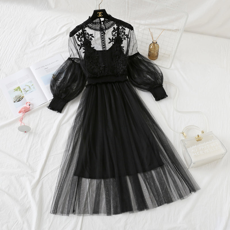 French retro skirt autumn mesh suspender skirt set  2132