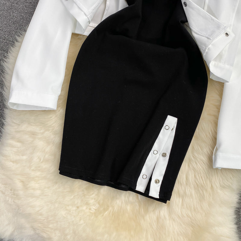 Ensemble deux pièces robe jupe gilet fendue noire 2855