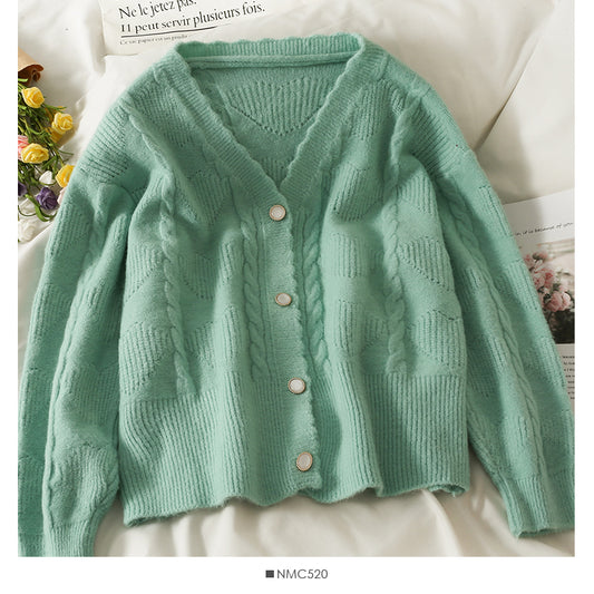 Pull femme new wave edge col V cardigan simple boutonnage 1873