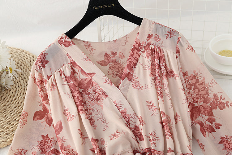 New French retro loose early autumn Chiffon large flower skirt long  2170