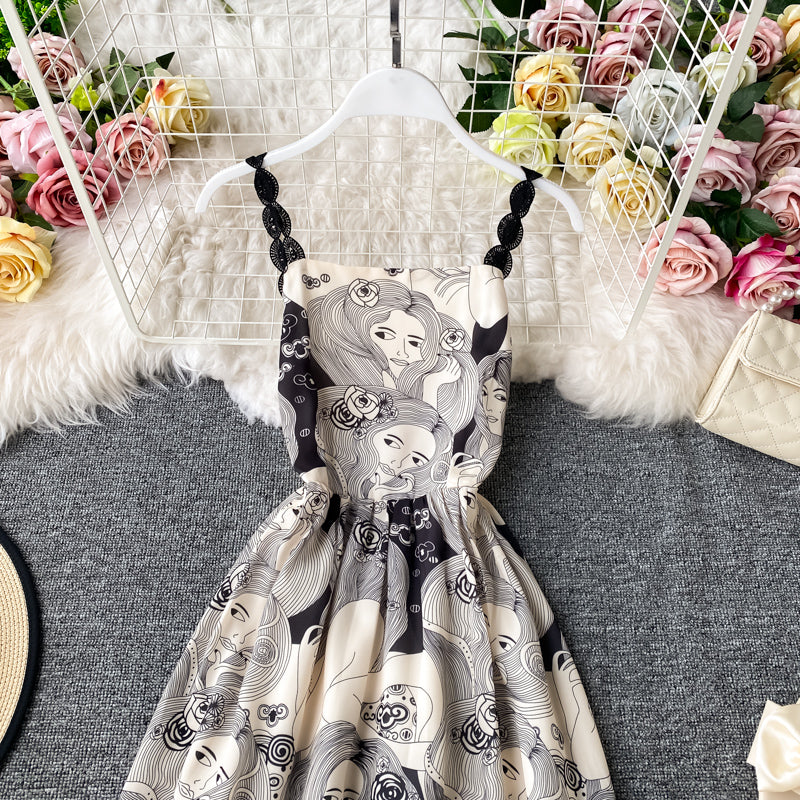 Robe sexy dos nu à bretelles imprimée à taille fine 3404