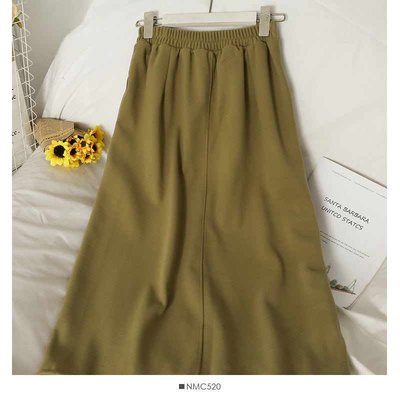 Hong Kong style retro elastic waist thin medium length split skirt  2628