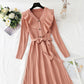 Ruffle lace up waist slim red dress  2184