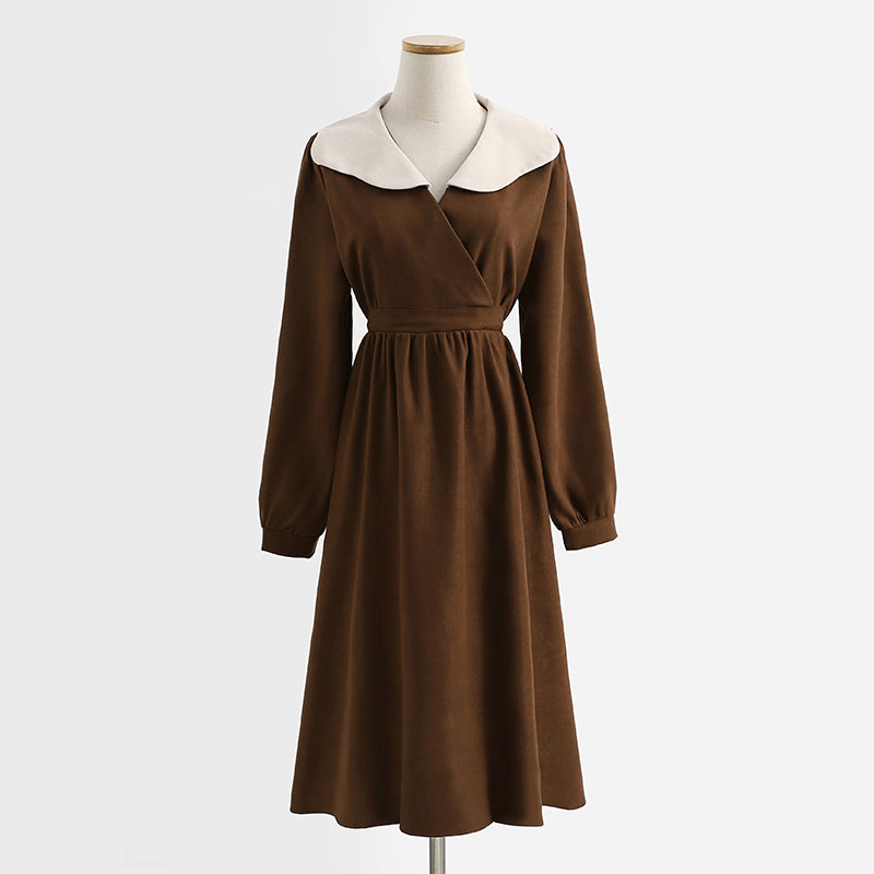 New French dress Hepburn wind lamp corduroy bottomed skirt baby collar skirt  2239