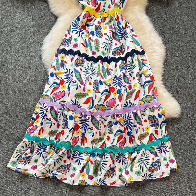 Robe imprimée à taille fine et à bretelles, grande taille, 3321