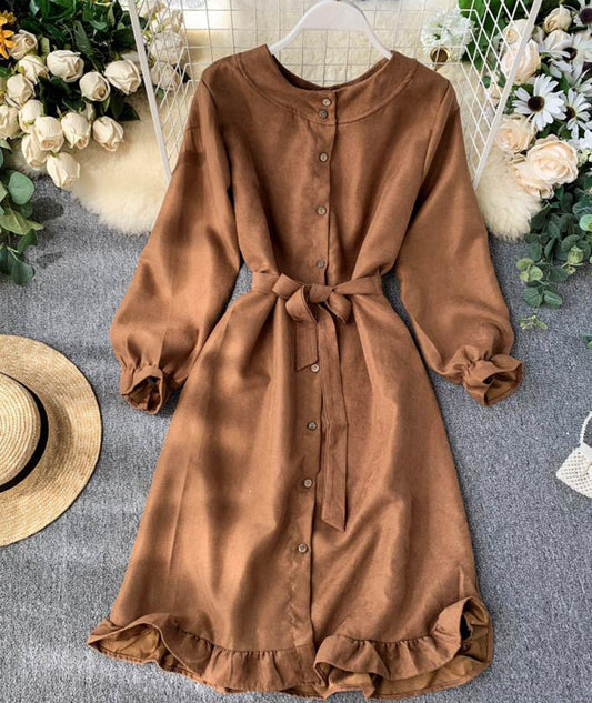Long sleeve ruffle hem button down dress  1317