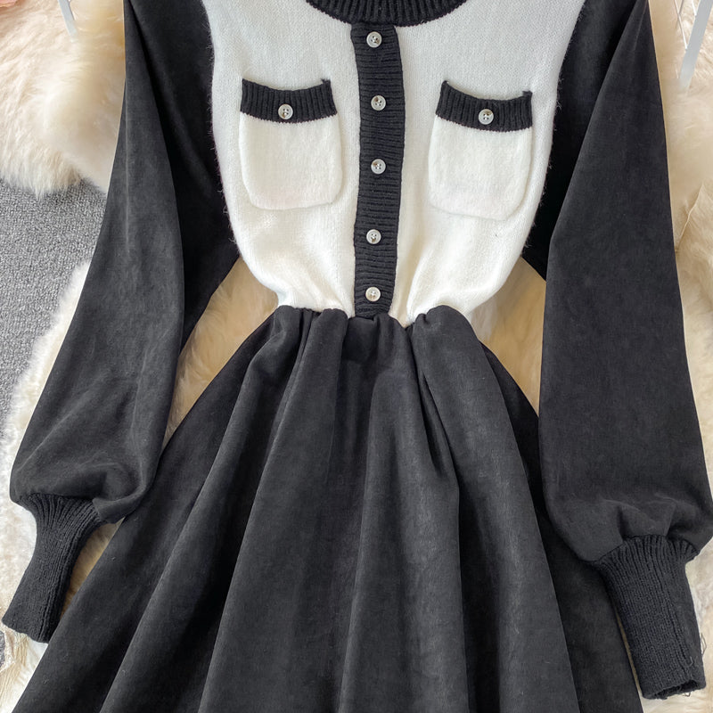 Koreanisches Strickkleid mit hoher Taille und Rundhalsausschnitt 3369