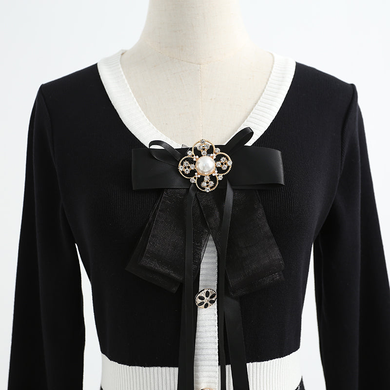 New bow knit dress long sleeve small fragrance A-line skirt  2421
