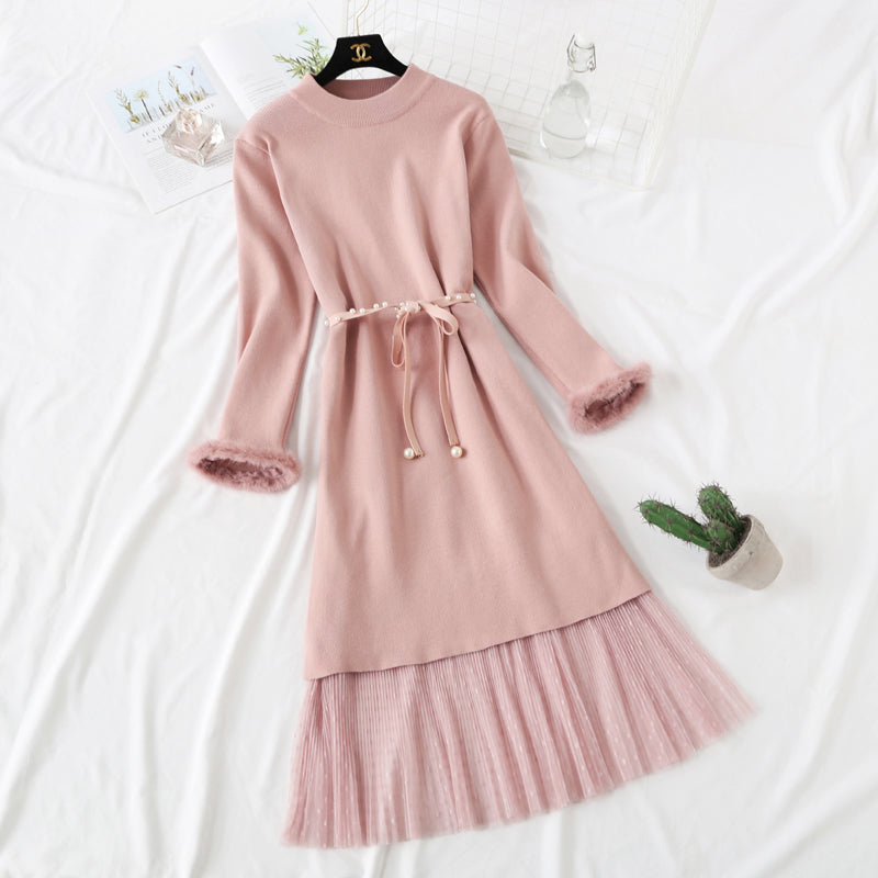 Long skirt over knee sweater knitted dress fashion suit  2472