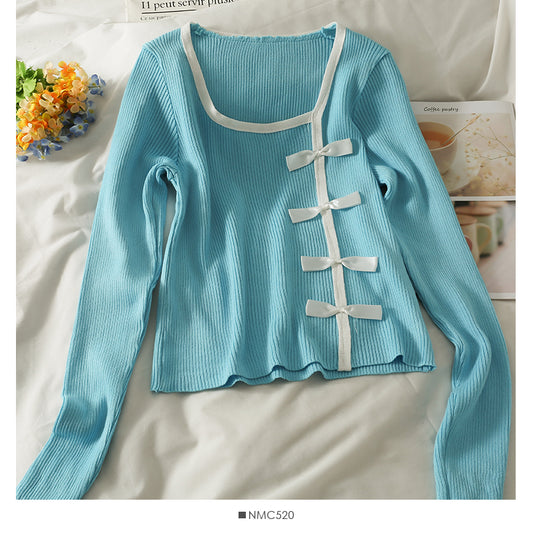Pull slim à manches longues avec décoration de nœud assorti de couleurs 2076