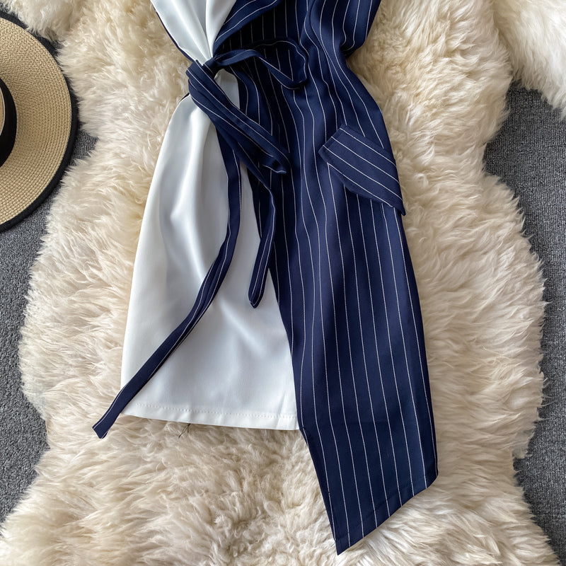 Robe trapèze sexy à bretelles irrégulières et à rayures cousues, coupe slim, épaules dénudées 2883